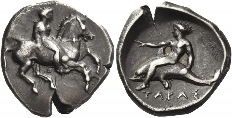 Greek Coins. Calabria, Tarentum. 
Nomos circa 365-355, AR 7.89 g. Rider on pran...
