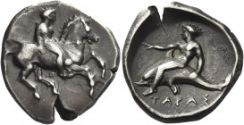 Greek Coins. Calabria, Tarentum. 
Nomos circa 365-355, AR 7.89 g. Rider on prancing horse r. Rev. TAPAS Dolphin rider l., r. arm outstretched, l. han...