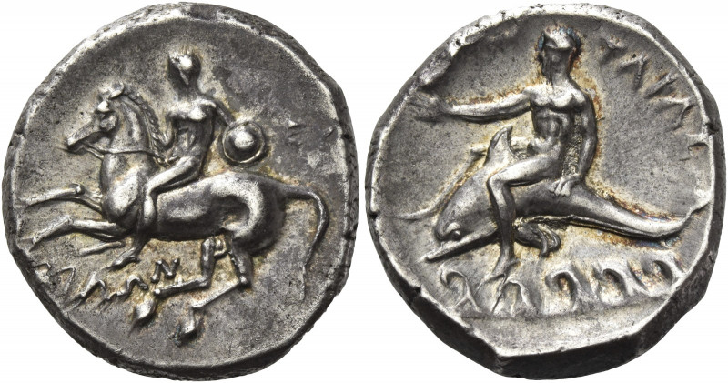 Greek Coins. Calabria, Tarentum. 
Nomos circa 302-280, AR 7.82 g. Rider on pran...