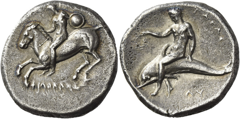 Greek Coins. Calabria, Tarentum. 
Nomos circa 302-280, AR 7.69 g. FILOKLHS Ride...