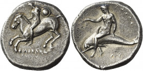 Greek Coins. Calabria, Tarentum. 
Nomos circa 302-280, AR 7.69 g. FILOKLHS Rider on prancing horse l., holding shield. Rev. TAPAS Dolphin rider l., h...