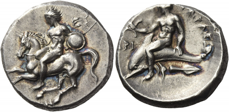 Greek Coins. Calabria, Tarentum. 
Nomos circa 302-280, AR 7.90 g. Warrior, hold...