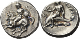 Greek Coins. Calabria, Tarentum. 
Nomos circa 302-280, AR 7.90 g. Warrior, holding spear and shield, dismounting from horse prancing l.; above, EY an...