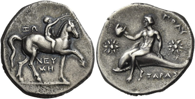 Greek Coins. Calabria, Tarentum. 
Nomos circa 280-272, AR 6.48 g. Jockey r., cr...