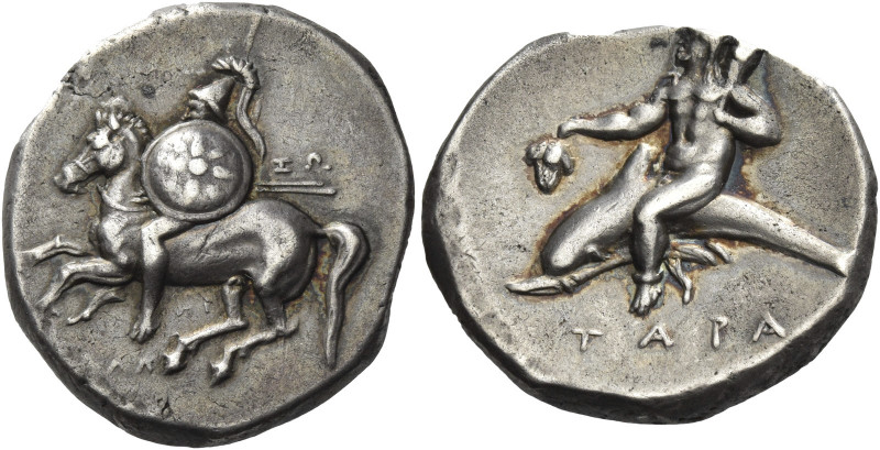 Greek Coins. Calabria, Tarentum. 
Nomos circa 280-272, AR 6.50 g. Helmeted hors...
