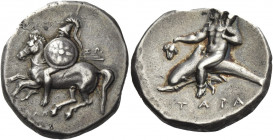 Greek Coins. Calabria, Tarentum. 
Nomos circa 280-272, AR 6.50 g. Helmeted horseman on prancing horse l., holding shield and two spears; above, ZW an...