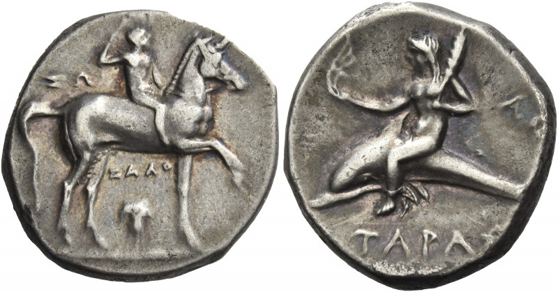 Greek Coins. Calabria, Tarentum. 
Nomos circa 280-272, AR 6.56 g. Jockey on hor...