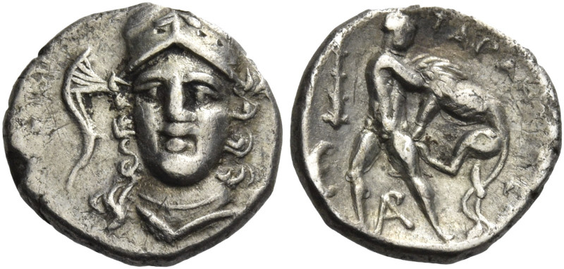 Greek Coins. Calabria, Tarentum. 
Diobol circa 280-228, AR 1.07 g. Bust of Athe...