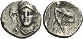 Greek Coins. Calabria, Tarentum. 
Diobol circa 280-228, AR 1.07 g. Bust of Athena, wearing triple-crested helmet, facing slightly l. Rev. TAPAS Herac...