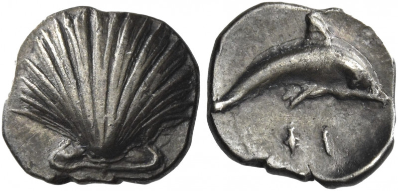 Greek Coins. Calabria, Tarentum. 
Obol circa 280-228, AR 0.71g. Shell. Rev. Dol...