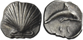 Greek Coins. Calabria, Tarentum. 
Obol circa 280-228, AR 0.71g. Shell. Rev. Dolphin r.; below, FI. Vlasto –, cf. 1517 (dolphin to l.). Historia Numor...