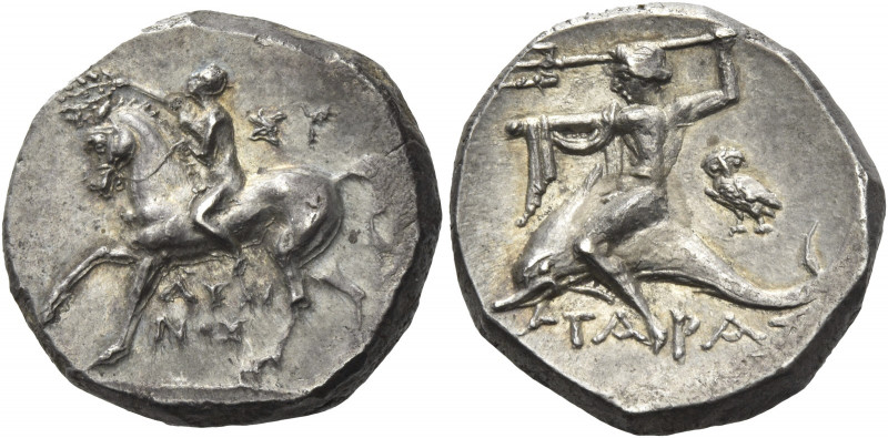 Greek Coins. Calabria, Tarentum. 
Nomos circa 275-235, AR 6.51g. Jockey l., cro...