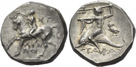 Greek Coins. Calabria, Tarentum. 
Nomos circa 275-235, AR 6.51g. Jockey l., crowning his horse; above, SY and below, LIKI / NOS. Rev. TA – PAS Dolphi...