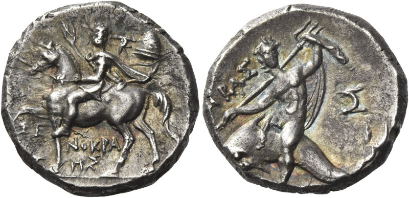 Greek Coins. Calabria, Tarentum. 
Nomos circa 240-228, AR 6.31 g. Horseman in m...