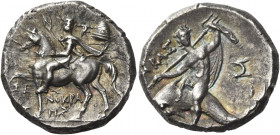 Greek Coins. Calabria, Tarentum. 
Nomos circa 240-228, AR 6.31 g. Horseman in military attire, raising hand, on horse at pace l.; behind, pileus and ...