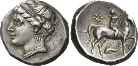 Greek Coins. Calabria, Tarentum. 
Campano-tarantine issues. Nomos circa 281-228, AR 7.18 g. Diademed head of nymph l., wearing triple-pendant earring...