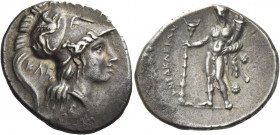 Greek Coins. Lucania, Heraclea. 
Nomos circa 278-276, AR 6.41 g. Head of Athena r., wearing crested Corinthian helmet, bowl decorated with griffin, e...