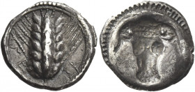 Greek Coins. Metapontum. 
Triobol circa 470-440, AR 1.32 g. ME – TA Ear of barley. Rev. Bull's head in incuse. Jameson 262. Noe 290-293. Historia Num...