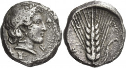 Greek Coins. Metapontum. 
Nomos circa 430-400, AR 7.51 g. Head of Demeter r., wearing fillet, earring and single-pendant necklace; around, branch and...