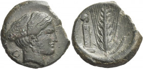 Greek Coins. Metapontum. 
Bronze circa 425-350, Æ 6.42 g. Head of Nike r.; in l. field, anullet. Rev. M – E Ear of barley with leaf r.; in l. field, ...