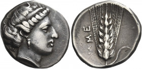 Greek Coins. Metapontum. 
Nomos signed by Kri... circa 400-340, AR 7.75 g. Head of Demeter r., wearing broad fillet and earring; behind neck, KPI. Re...