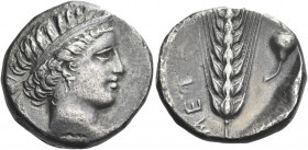 Greek Coins. Metapontum. 
Nomos circa 400-340, AR 7.49 g. Head of Demeter r., wearing triple-pendant earring and necklace; her diadem held in place b...