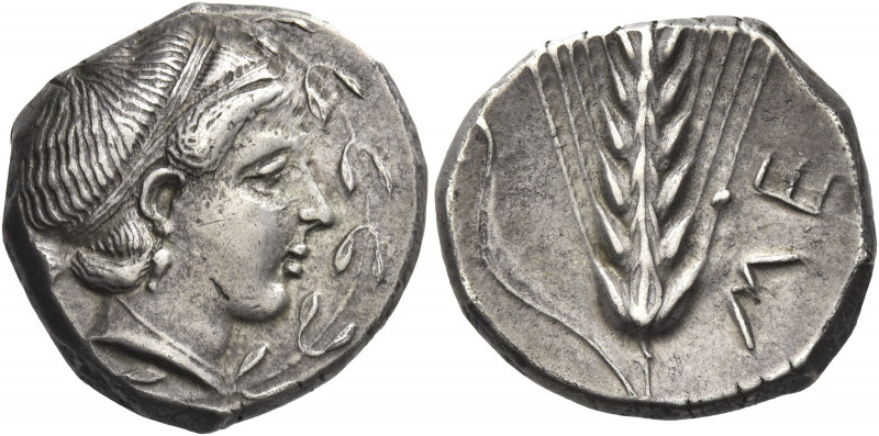Greek Coins. Metapontum. 
Nomos circa 400-340, AR 7.73 g. Head of Demeter r., w...
