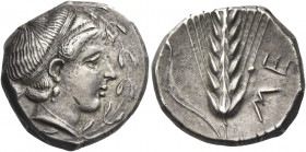 Greek Coins. Metapontum. 
Nomos circa 400-340, AR 7.73 g. Head of Demeter r., wearing hair band; all within olive wreath. Rev. ME Ear of barley with ...