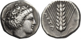 Greek Coins. Metapontum. 
Nomos circa 400-340, AR 7.55 g. Head of Demeter r., wearing triple-pendant earring. Rev. META Ear of barley with leaf to r....