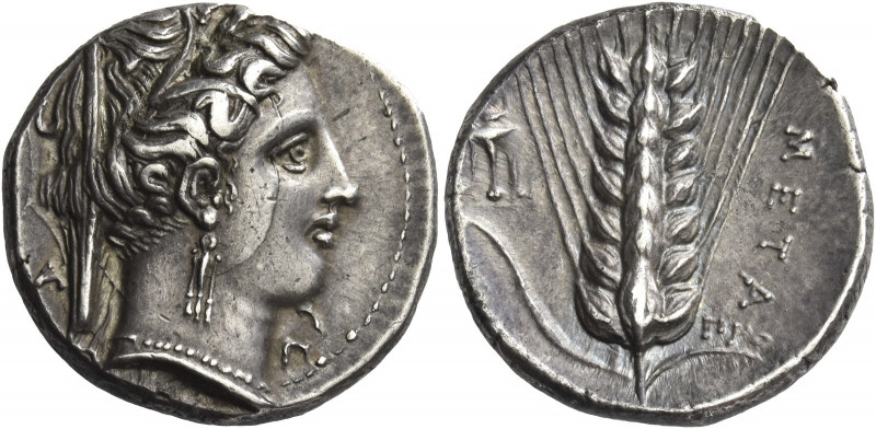Greek Coins. Metapontum. 
Nomos circa 340-330, AR 7.92 g. Head of Demeter r., w...