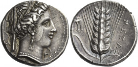 Greek Coins. Metapontum. 
Nomos circa 340-330, AR 7.92 g. Head of Demeter r., wearing wreath of barley ears and leaves, triple-pendant earring and pe...
