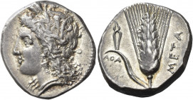 Greek Coins. Metapontum. 
Nomos circa 330-290, AR 7.84 g. Head of Demeter l. Rev. META Ear of barley with leaf to l.; above, tongs and below, AQA. Jo...