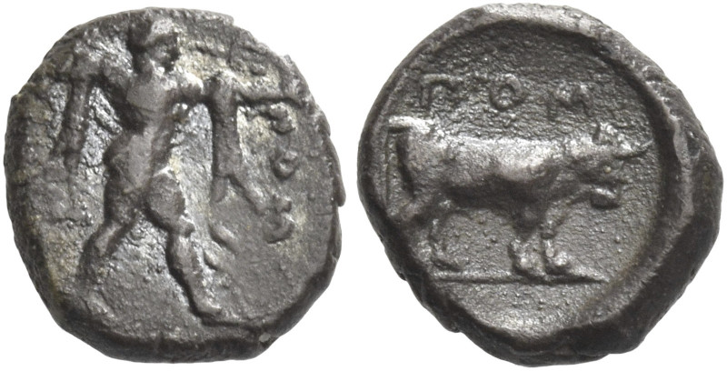 Greek Coins. Poseidonia. 
Diobol circa 445-420, AR 1.28 g. POM Poseidon, wearin...