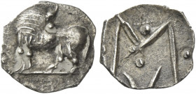 Greek Coins. Sybaris. 
Obol circa 550-510, AR 0.40 g. Bull standing l., head turned back. Rev. Large M above Y. SNG ANS 854. McClean 1173. Historia N...