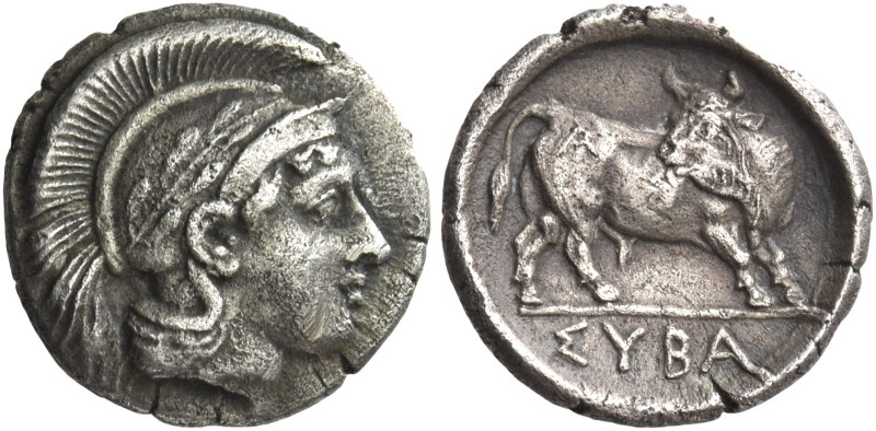Greek Coins. Sybaris. 
Triobol circa 446-440, AR 1.16 g. Helmeted head of Athen...
