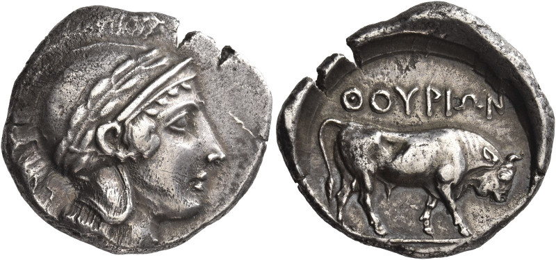 Greek Coins. Sybaris as Thurium. 
Nomos circa 443-400, AR, 8.01 g. Head of Athe...
