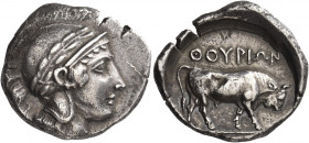 Greek Coins. Sybaris as Thurium. 
Nomos circa 443-400, AR, 8.01 g. Head of Athena r., wearing crested and wreathed Attic helmet. Rev. ΘOYPIΩN Bull st...