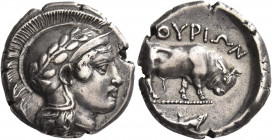 Greek Coins. Sybaris as Thurium. 
Nomos circa 443-400, AR, 7.96 g. Head of Athena r., wearing crested and wreathed Attic helmet. Rev. [Θ]OYPIΩN Bull ...