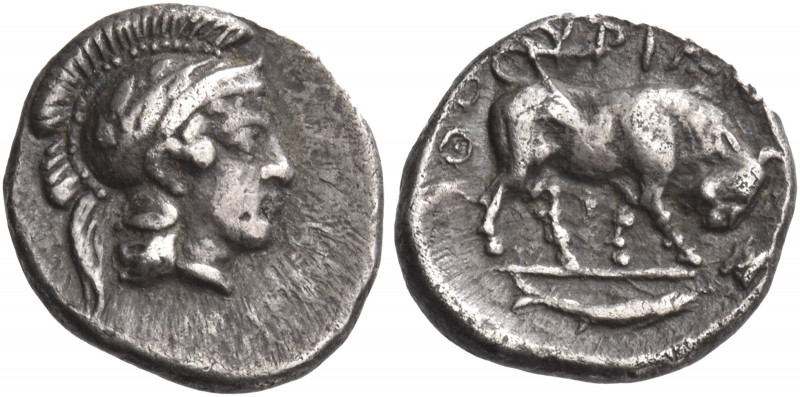Greek Coins. Sybaris as Thurium. 
Triobol circa 443-400, AR 1.22 g. Head of Ath...
