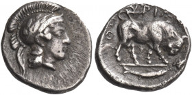 Greek Coins. Sybaris as Thurium. 
Triobol circa 443-400, AR 1.22 g. Head of Athena r., wearing crested and wreathed Attic helmet. Rev. ΘO – YPIΩN Bul...