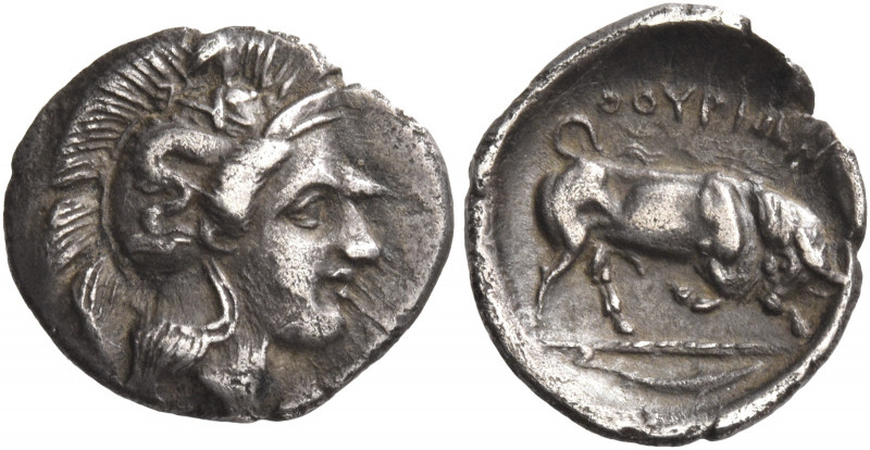 Greek Coins. Sybaris as Thurium.
Triobol circa 400-350, AR 1.11 g. Head of Athe...
