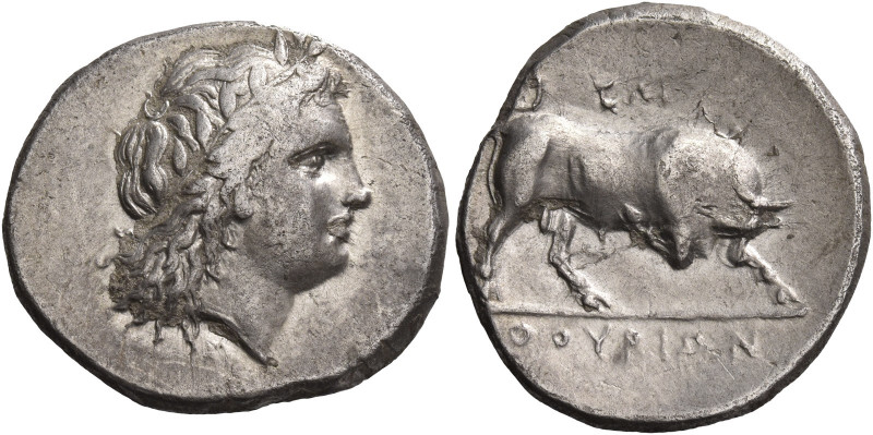 Greek Coins. Sybaris as Thurium. 
Nomos circa 280-213, AR 5.89 g. Laureate head...