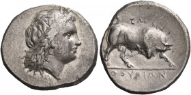 Greek Coins. Sybaris as Thurium. 
Nomos circa 280-213, AR 5.89 g. Laureate head of Apollo r. Rev. ΘOYPIΩN Bull butting r.; above, ΖΩΙ. SNG ANS 1106 (...