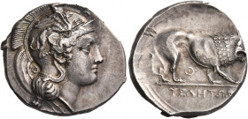 Greek Coins. Velia. 
Nomos circa 340-334, AR 7.57 g. Head of Athena r., wearing crested Attic helmet decorated with griffin; behind, Θ. Rev. YEΛHTΩN ...