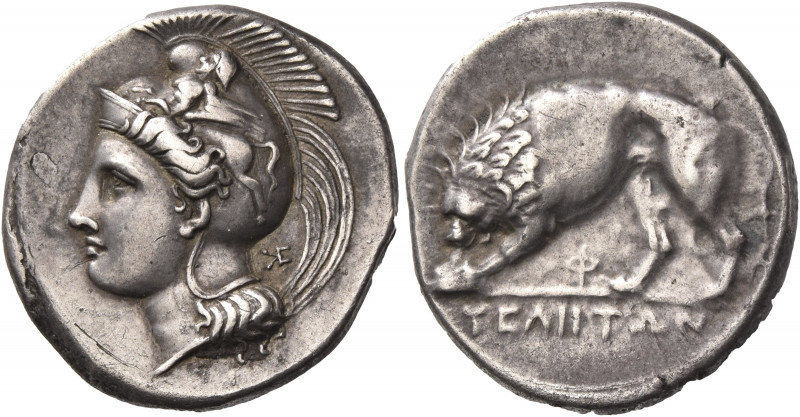 Greek Coins. Velia. 
Nomos circa 334-300, AR 7.59 g. Head of Athena l., wearing...