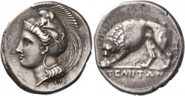Greek Coins. Velia. 
Nomos circa 334-300, AR 7.59 g. Head of Athena l., wearing crested Phrygian helmet decorated with sphinx on bowl; behind, monogr...