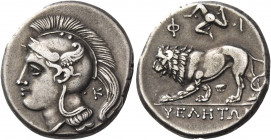 Greek Coins. Velia. 
Nomos circa 300-280, AR 7.49 g. Head of Athena l., wearing crested Attic helmet decorated with wing; behind, K. Rev. YEΛHTΩ[N] L...