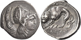 Greek Coins. Velia. 
Nomos circa 300-280, AR 7.07 g. Head of Athena r., wearing crested Corinthian helmet; the bowl decorated with prancing quadriga ...