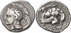 Greek Coins. Velia. 
Nomos circa 280, AR 7.47 g. Head of Athena l., wearing crested Attic helmet decorated with griffin on bowl; behind, IE within li...