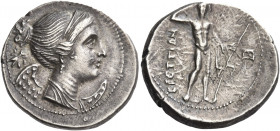Greek Coins. Bruttium, Brettii. 
Drachm circa 216-214, AR 4.85 g. Diademed bust of Nike r.; behind, bee. Rev. BPETTIΩN Naked river-god facing with ch...